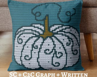 Princess Pumpkin Graph Crochet Pattern, Throw Pillow, Wall Hanging, Blanket, SC + C2C Written Instructions, PDF Download, Autumn Decor, Fall