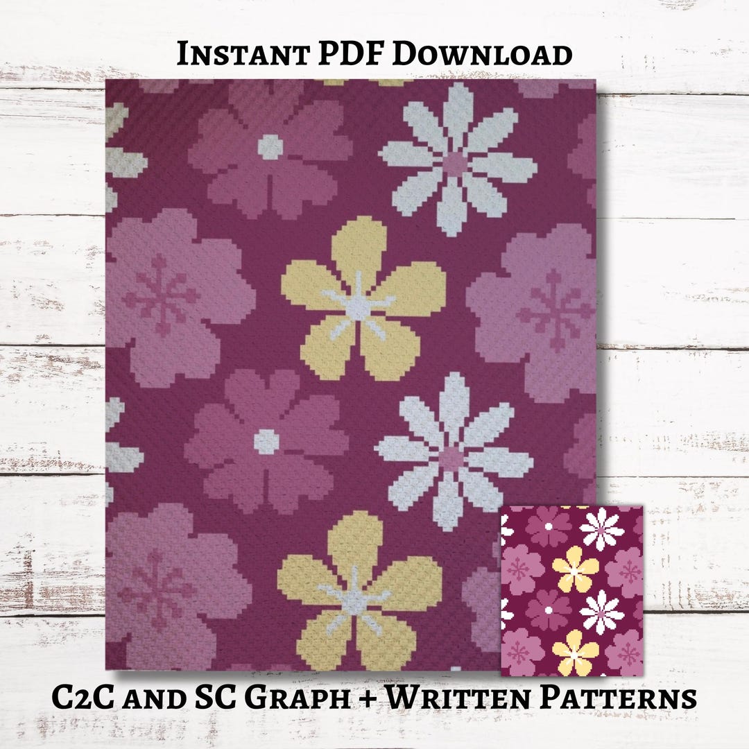 Flower Graphgan Pattern Bold Flower Print Graph, Crochet Pattern, C2C and SC Graphgan + Written ...