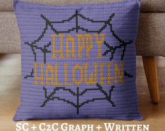 ハッピーハロウィン グラフクロッシェパターン、クッション、壁掛け、ブランケット、SC + C2C説明書、PDFダウンロード、不気味な装飾