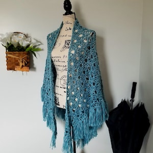 Crochet April Showers Shawl PATTERN ONLY triangle shawl prayer shawl spring lacy women's teen teenager youth child raindrops fringe easy image 5