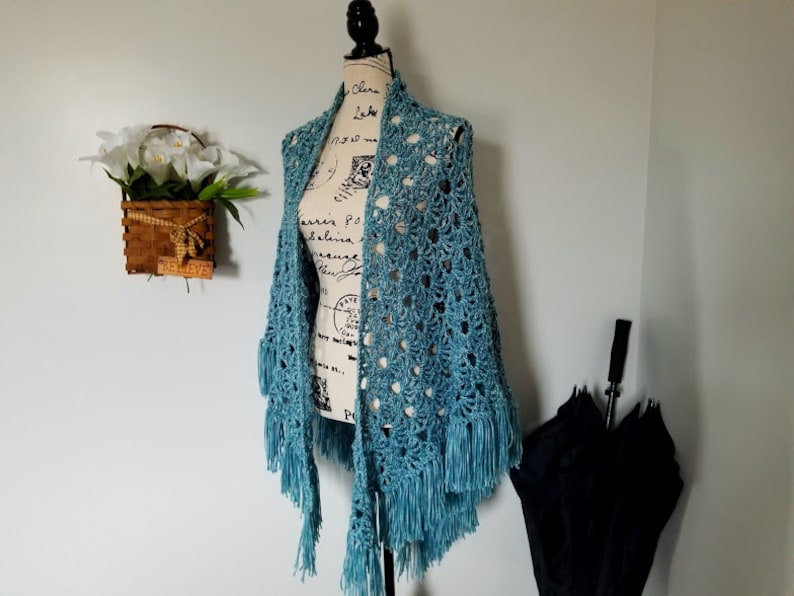 Crochet April Showers Shawl PATTERN ONLY triangle shawl prayer shawl spring lacy women's teen teenager youth child raindrops fringe easy image 5