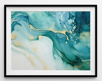 Blue Green Marble, Abstract Ocean Ripples of Agate, Digital Art Download.