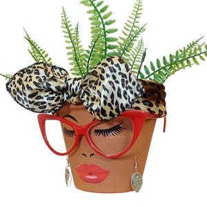 May include: A terracotta-colored flower pot decorated with a face, red cat-eye glasses, and dangling earrings. A bow with a leopard print pattern sits atop the pot, and green fern-like plants sprout from the top.