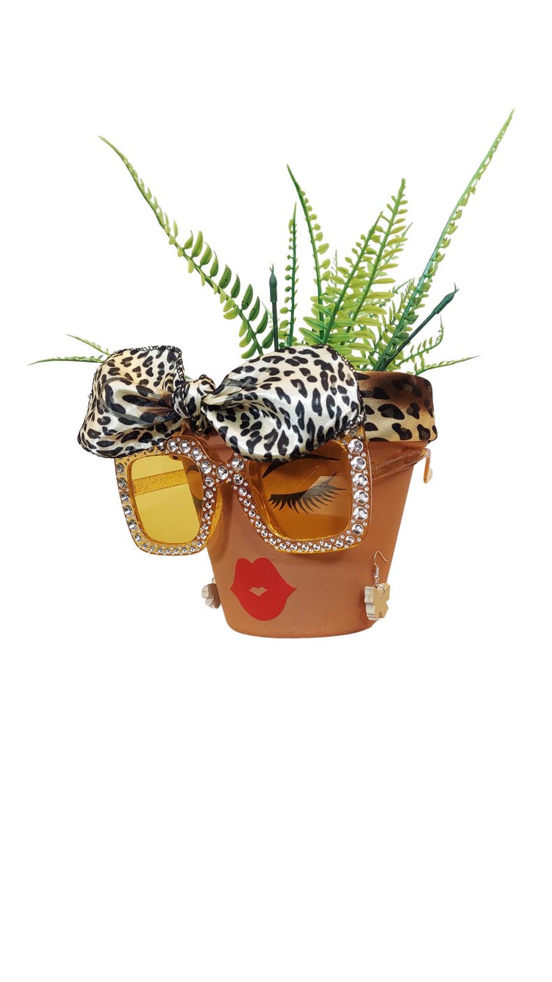 K&ouml;nnte beinhalten: Ein Terrakotta-Blumentopf, verziert mit einem Gesicht, einer Sonnenbrille und einer Schleife mit Leopardenmuster. Die Sonnenbrille hat gelbe Gl&auml;ser und ist mit Strasssteinen besetzt. Der Topf ist mit gr&uuml;nen Pflanzen gef&uuml;llt und hat kleine Ohrringe.