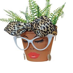 May include: A terracotta flower pot decorated with a painted face, white cat-eye glasses, and gold earrings. A leopard print bow sits atop the pot, and green fern-like plants sprout from the top.