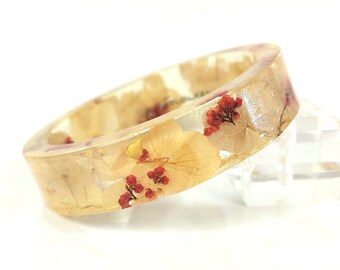 Resin Bracelet White oat /& red flowers-Real Flower Bracelet bangle-Real dried flowers flower motive jewelry-botanical bracelet