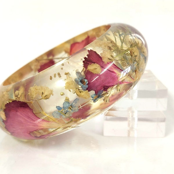 Resin Bangle white gypsum, Myosotis & rose petals-size S-Real Flower Bracelet bangle-Real dried flowers flower motive jewelry-botanical