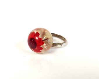 Real flower ring silver, flower ring, gift for her, resin flower ring, botanical ring, Pressed flower ring, Heather Flower resin ring,floral