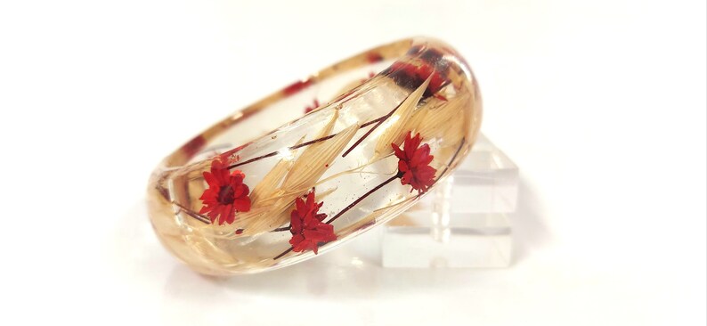 Resin Bracelet White oat /& red flowers-Real Flower Bracelet bangle-Real dried flowers flower motive jewelry-botanical bracelet