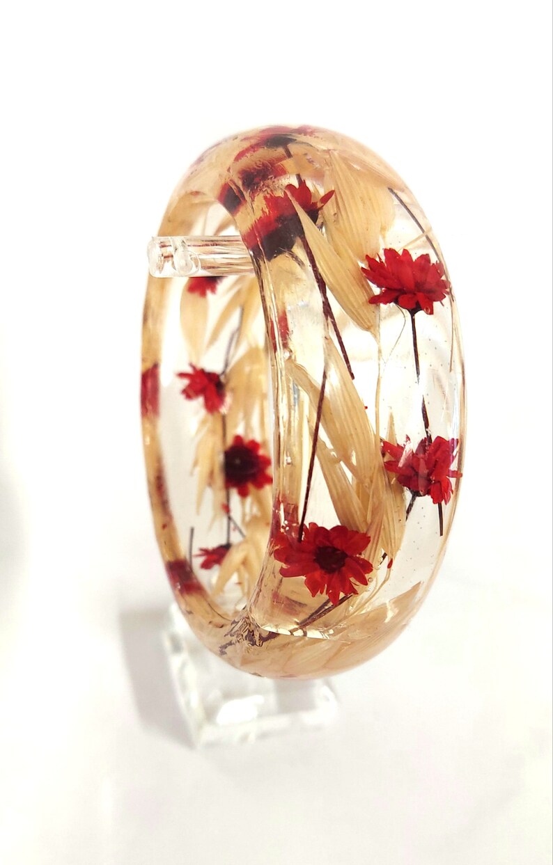 Resin Bracelet White oat /& red flowers-Real Flower Bracelet bangle-Real dried flowers flower motive jewelry-botanical bracelet