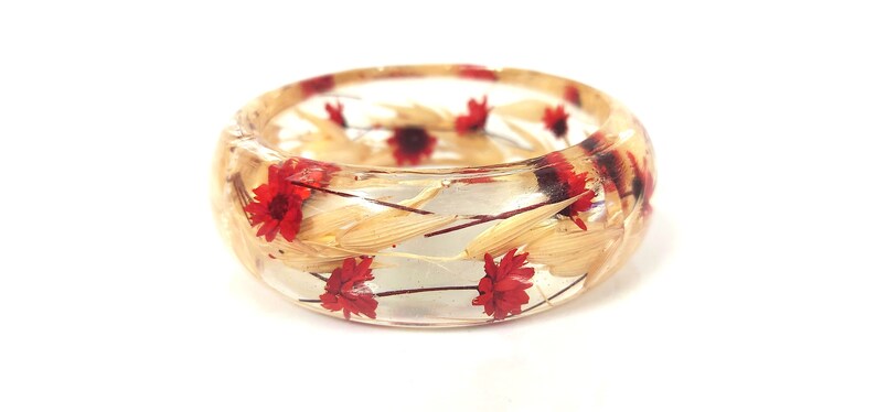 Resin Bracelet White oat /& red flowers-Real Flower Bracelet bangle-Real dried flowers flower motive jewelry-botanical bracelet