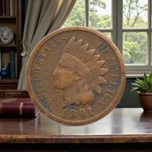 May include: A large, bronze-colored Indian Head penny from 1891. The coin features a profile of a Native American person wearing a feathered headdress. The words "UNITED STATES OF AMERICA" and "ONE CENT" are visible.
