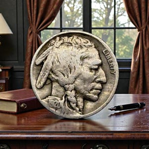 May include: A silver 1920 Buffalo nickel coin with a profile of a Native American man and the word "LIBERTY" on the coin. The coin is on a wooden desk with a pen and a book.