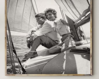 Vintage John F. Kennedy & Jacqueline Kennedy Sailing Photograph, Black and White Nautical Print, Kennedy Era Wall Art, Historic Photo