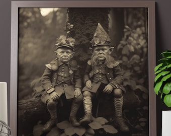 Rare Sepia-Toned Photo of mythical Leprechauns in Forest - Cute St. Patrick's Day Party Gift Idea - Irish man cave decor curiosity photo