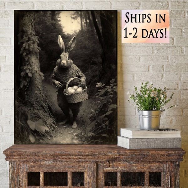 Imagen de estilo CDV vintage del conejito de Pascua mítico en el bosque Foto en tonos sepia - Idea de regalo única para coleccionistas de curiosidades del conejito de Pascua V1