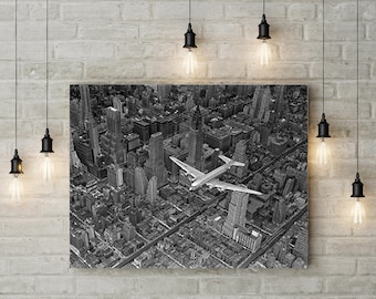 DC-4 Photo Flying over manhattan Aviation Decor pilot gift Airplane decor Pilot Decor vintage airplane photo Graduation gift wall art