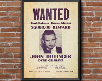 Wanted Poster John Dillinger public enemy No. 1 Gangster Photo urban decor wanted dead or alive poster game room saloon bar mancave wall art