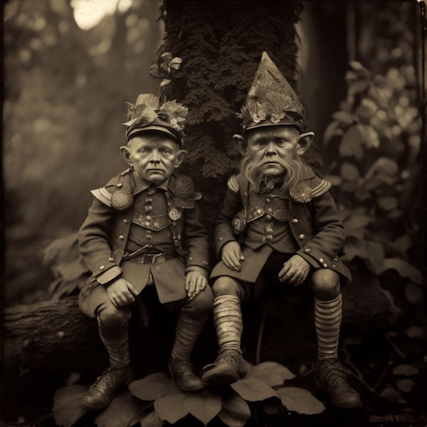 old Irish photo of Mythical leprechauns -Rare Sepia-Toned Photo of Leprechauns in Forest - Cute St. Patrick's Day Gift Idea curiosity photo
