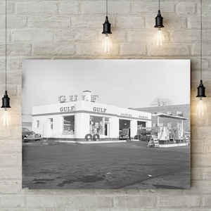 Vintage Gulf Oil Service Station Photo - Gas Station Print for Auto Decor, Man Cave and Mechanic Gifts