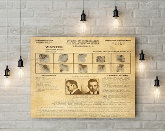 John Dillinger wanted Poster 1934 Depression Era Gangster Bank Robber Photo historic wanted fingerprint poster saloon bar mancave decor