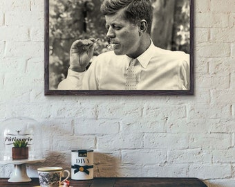 JFK Smoking Weed Poster Photo Print President John F Kennedy smoking a Marijuana Blunt Vintage Photograph Stoner man cave wall Decor gift