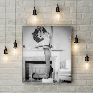 MARILYN MONROE Christmas Photo Sexy Marilyn poster Photograph of Marilyn in lingerie by fireplace Rare Marilyn Monroe Pinup girl art Print