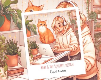 Cosy girl on laptop with cat digital download