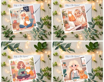 cosy girls and cats digital download bundle