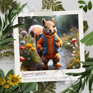 Puede incluir: Una ardilla de dibujos animados con un suéter azul y naranja y una mochila, de pie en un bosque con hongos y flores. El texto "squirrel explorer" está escrito debajo de la imagen.