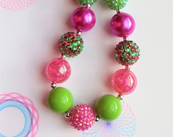 Girls Chunky Bead Necklace: Pink & Green Bubblegum Jewelry