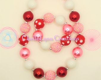 Girls Red, Pink & White Chunky Bubblegum Necklace Set, Girls Chunky Necklace, Chunky Bracelet, Baby Necklace, Girls Jewelry, Chunky Beads