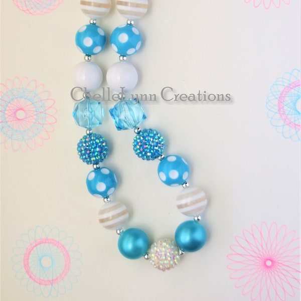 Girls Turquoise & White Chunky Bubblegum Necklace, Chunky Bead Necklace, Girls Jewelry, Little Girl Chunky Necklace, Bubblegum Necklace