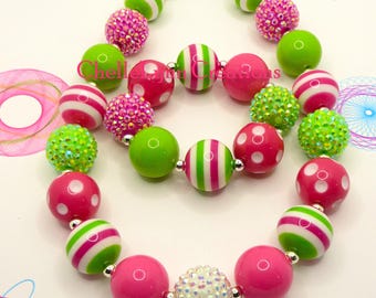 Pink and Green Chunky Necklace, Toddler Necklace, Chunky Bracelet, Necklace Set, Girls Jewelry, Chunky Bubblegum Necklace, Toddler Jewelry