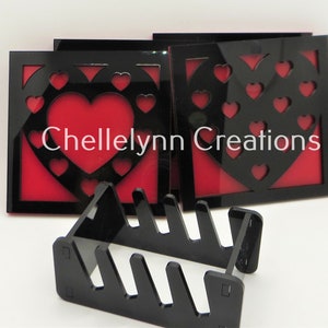 Heart Coasters, Acrylic Coasters, Drinkware, Home Decor, Barware, Whimsical Coasters, Black & Red Coasters