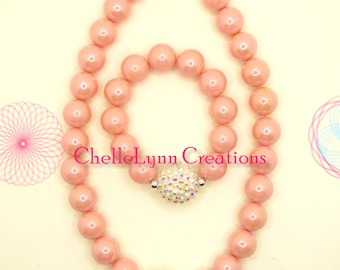Light Pink Pearl Necklace Bracelet Set: Girls Chunky Jewelry