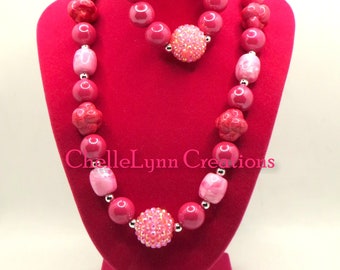 Girls Pink Bubblegum Bead Necklace Bracelet Set, Chunky Jewelry