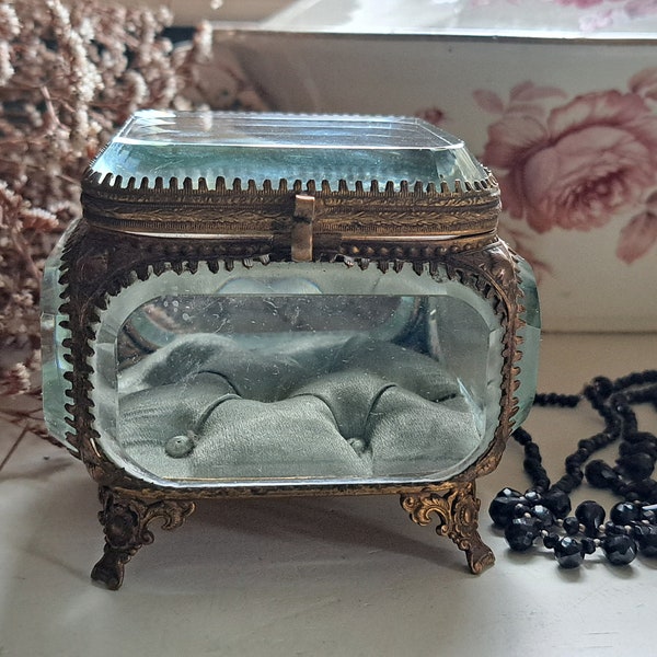 Antique French Jewelry or Bridal Box. French Jewelry Box in Glass with Original Silk Cushion