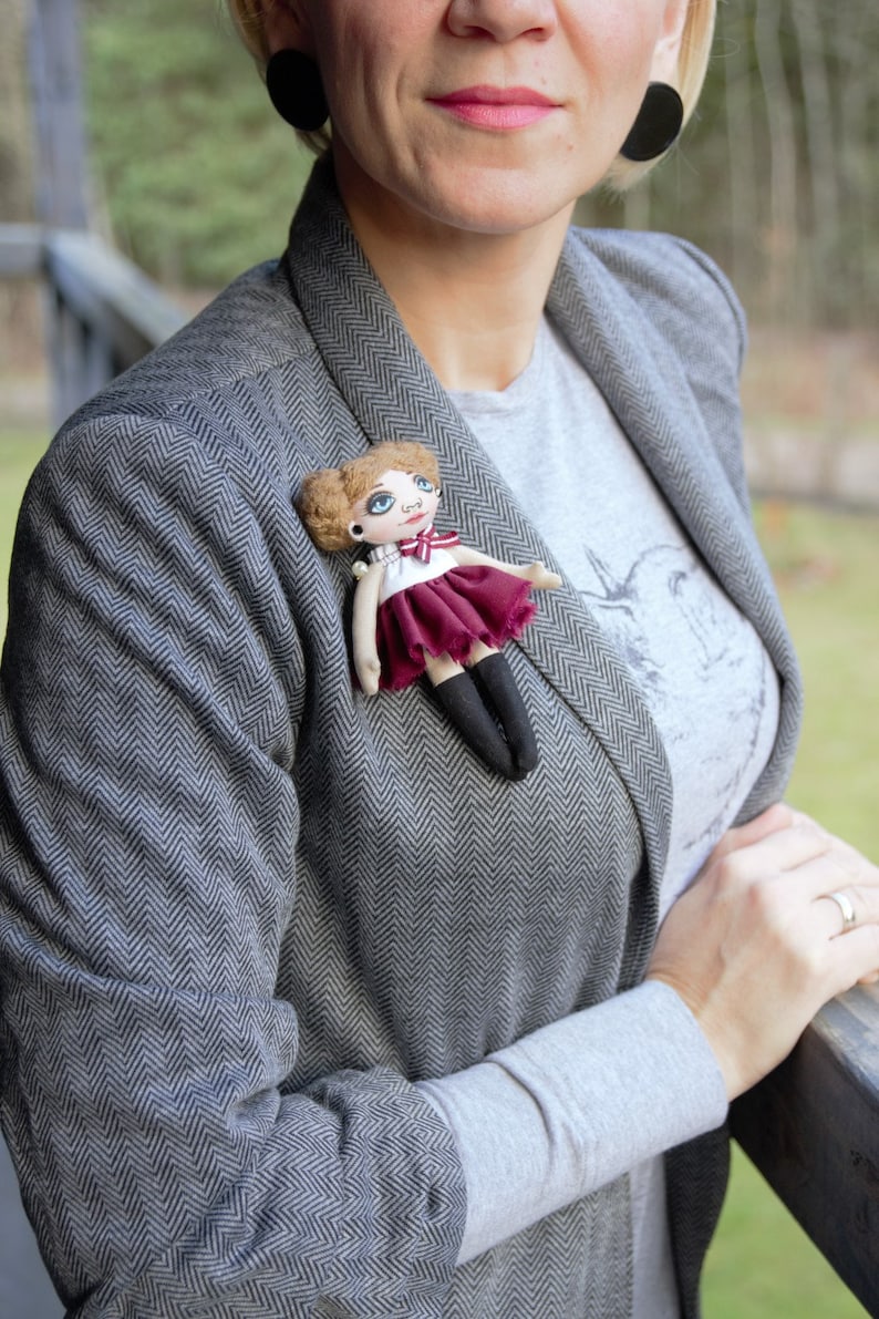 Mini doll brooch Unique gift Ready to ship Handmade unique accessories Personalized handmade brooch for girl /& woman jacket accessories