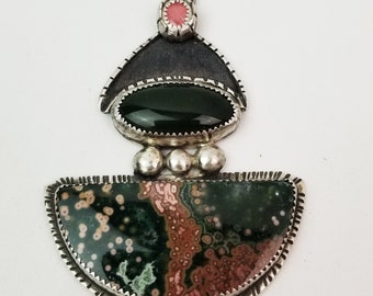 Old stock ocean jasper and bloodstone pendant with rhodocrosite accent