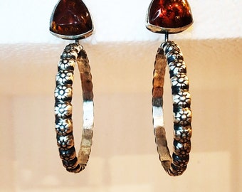 Flower Textured Sterling Hoops with Baltic Amber top