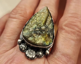 Rough, Natural, Unpolished Labradorite Statement Ring Size 10 Boho Iridescent