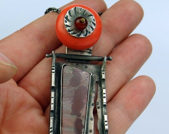 Orange Sherpa coral Tibetan trade bead and Brown Rhyolite Boho Pendant