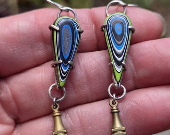 Fordite sparkle blue and green dangle earrings from Corvette plant