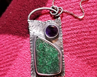 Green Druzy Sparkely Uvarovite Amethyst Sterling pendant