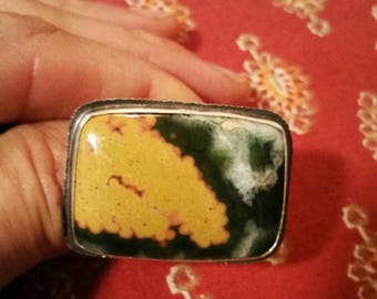 Statement Ring Bold Ocean Jasper - wide braided sterling silver band- Boho Ocean Jasper Size 7.5 Boho chic
