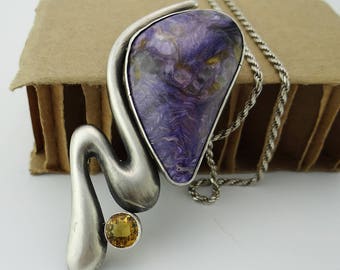 Russian Charoite and vintage Sterling Citrine Handmade Necklace