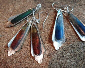 Sterling riveted drop earrings with irridescent coloring - custom color choices- drawing on metal
