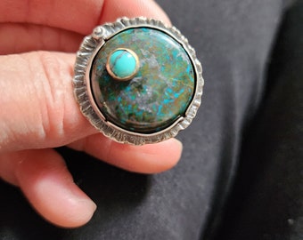 Chrysocolla and Turquoise Stone on Stone Statement Ring 925 Silver