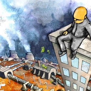 May include: Watercolor illustration of a dystopian industrial landscape with a figure atop a building. Factories, smokestacks, and conveyor belts dominate the scene, with figures and machinery. The artwork has a surreal, conceptual feel.